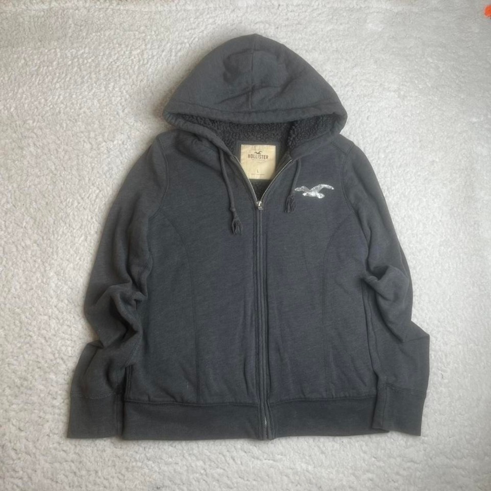 Y2K‎ hollister women's grey dazzle logo full zip Sherpa lined hoodie vintage L